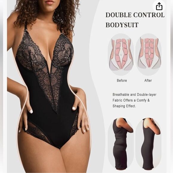 Popilush Lace Shapewear Bodysuit Tummy Control Backless V Neck Thongs Sh… - Picture 4 of 14
